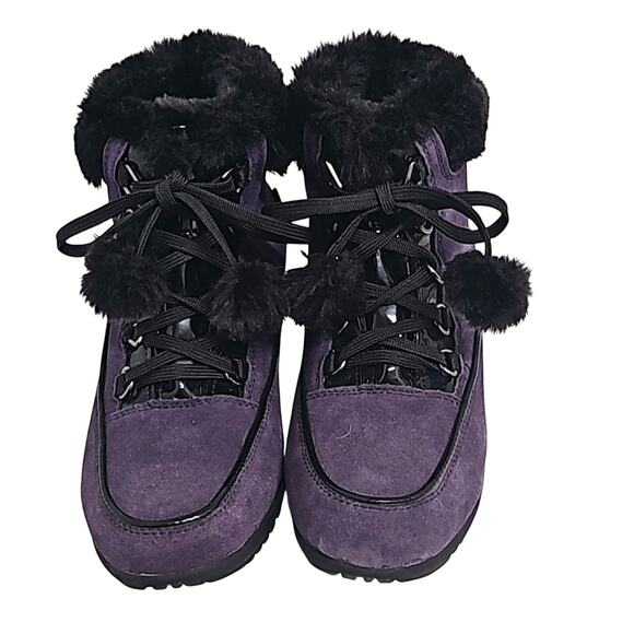 Sporto Womens Purple Leather Upper Black Faux Fur Pom Pom Lace Up Boots Size 8 - Picture 2 of 10